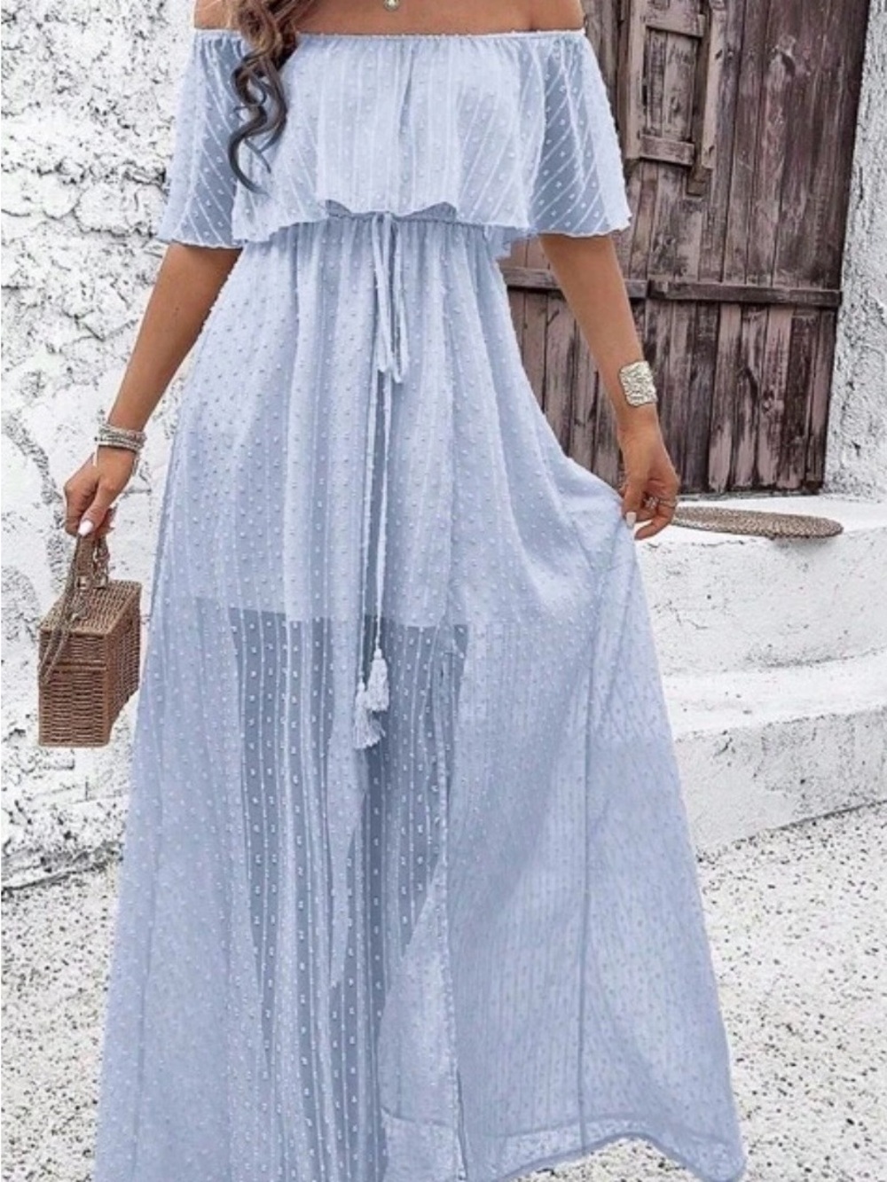 Off-Shoulder Light Blue Maxi Dress with Tassel Tie